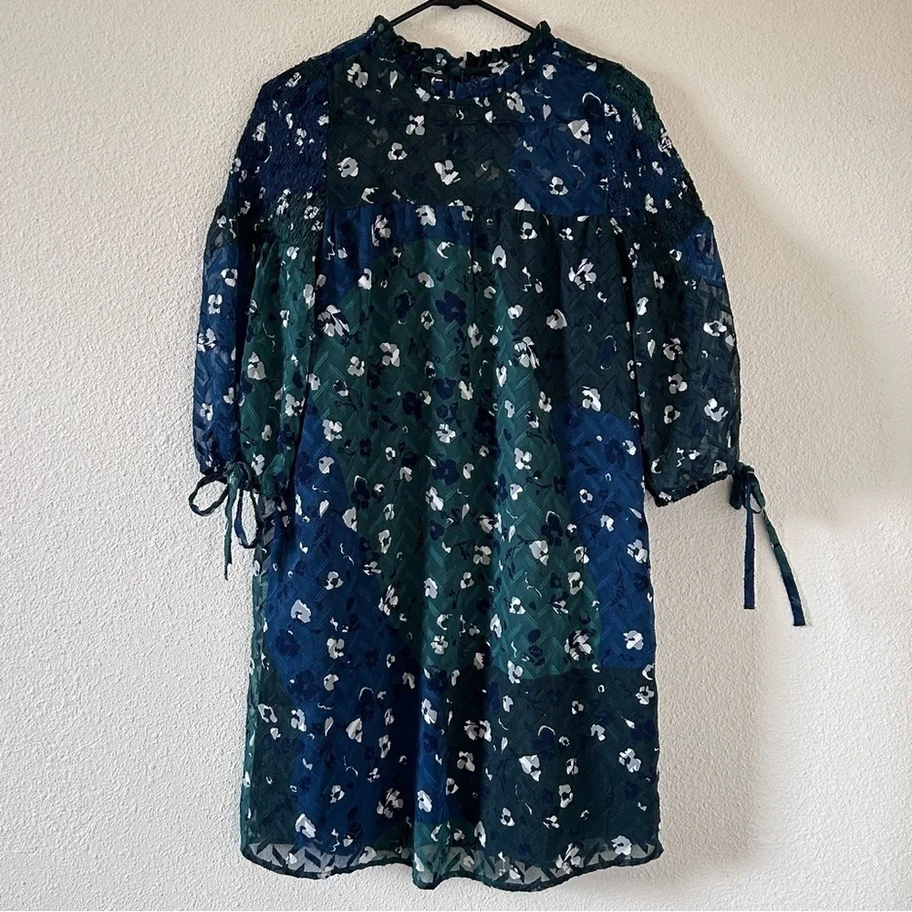 Susina Women’s Dress XSmall Green Blue Relax Drop Smock Shoulder Puff Sleeves
